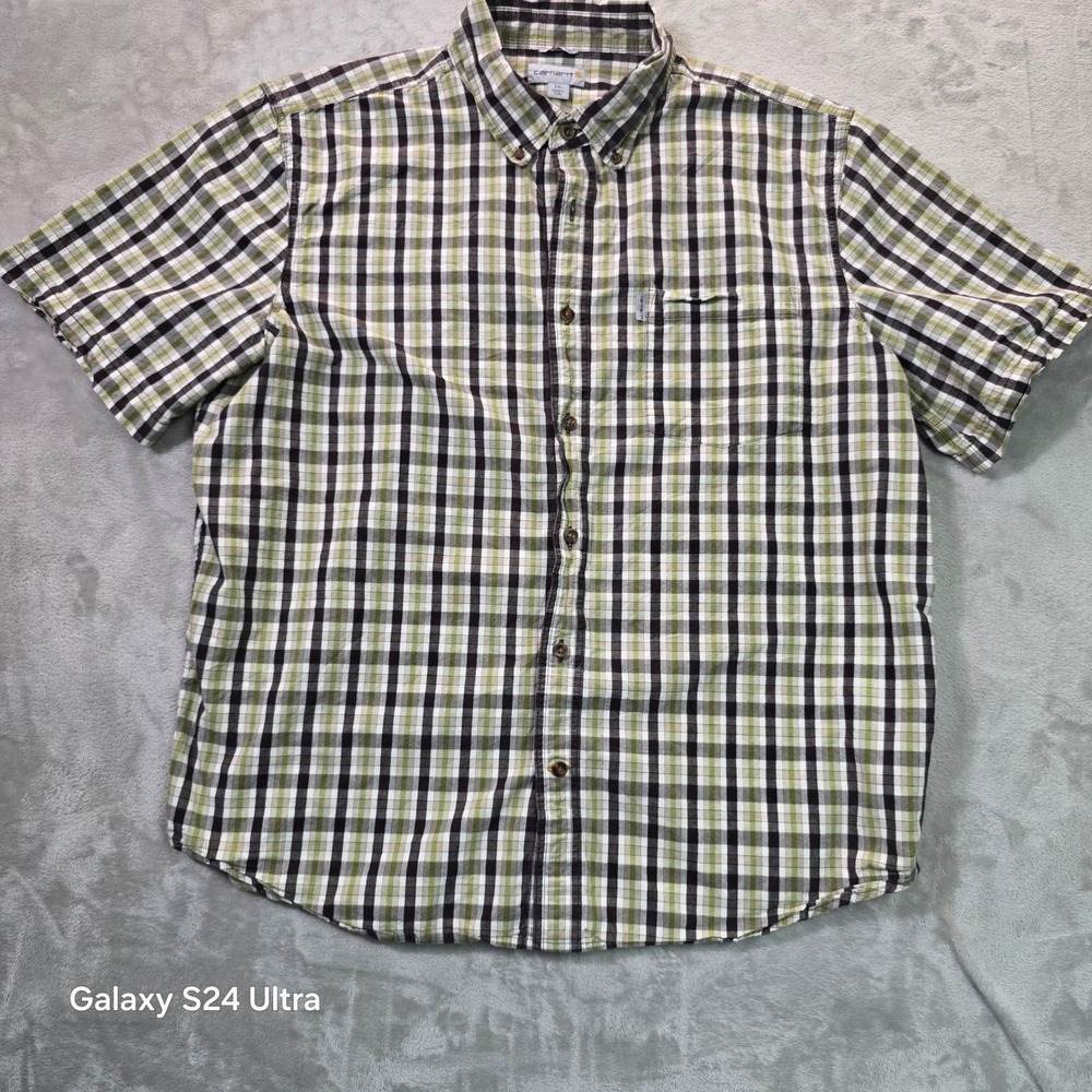 Carhartt Mens 2XL Relaxed Fit Plaid Short Sleeve Button Down Shirt Green 101959